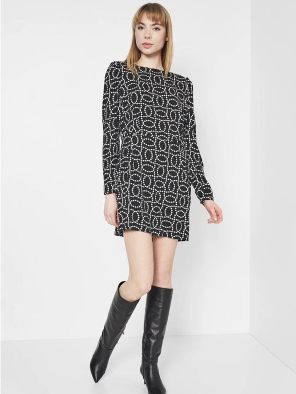 H&M B&W Geo Dot Long-Sleeve Mini Dress (L)